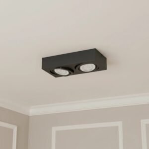 Plafón de techo RIMINI negro de metal con dos focos orientables, estilo moderno, ideal para iluminación interior.