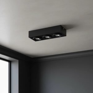 Plafón de techo moderno VALENCIA negro de metal con 3 focos direccionales en un techo claro.