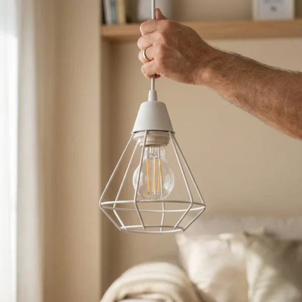 Colgante Cortes — Jaula geométrica metal blanco E27 — Instalado | Lampamac