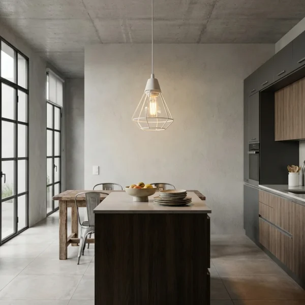 Colgante Cortes — Jaula geométrica metal blanco E27 — Detalle | Lampamac