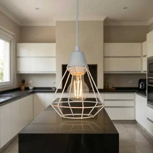 Colgante Cortes — Jaula geométrica metal blanco E27 — Ambiente | Lampamac