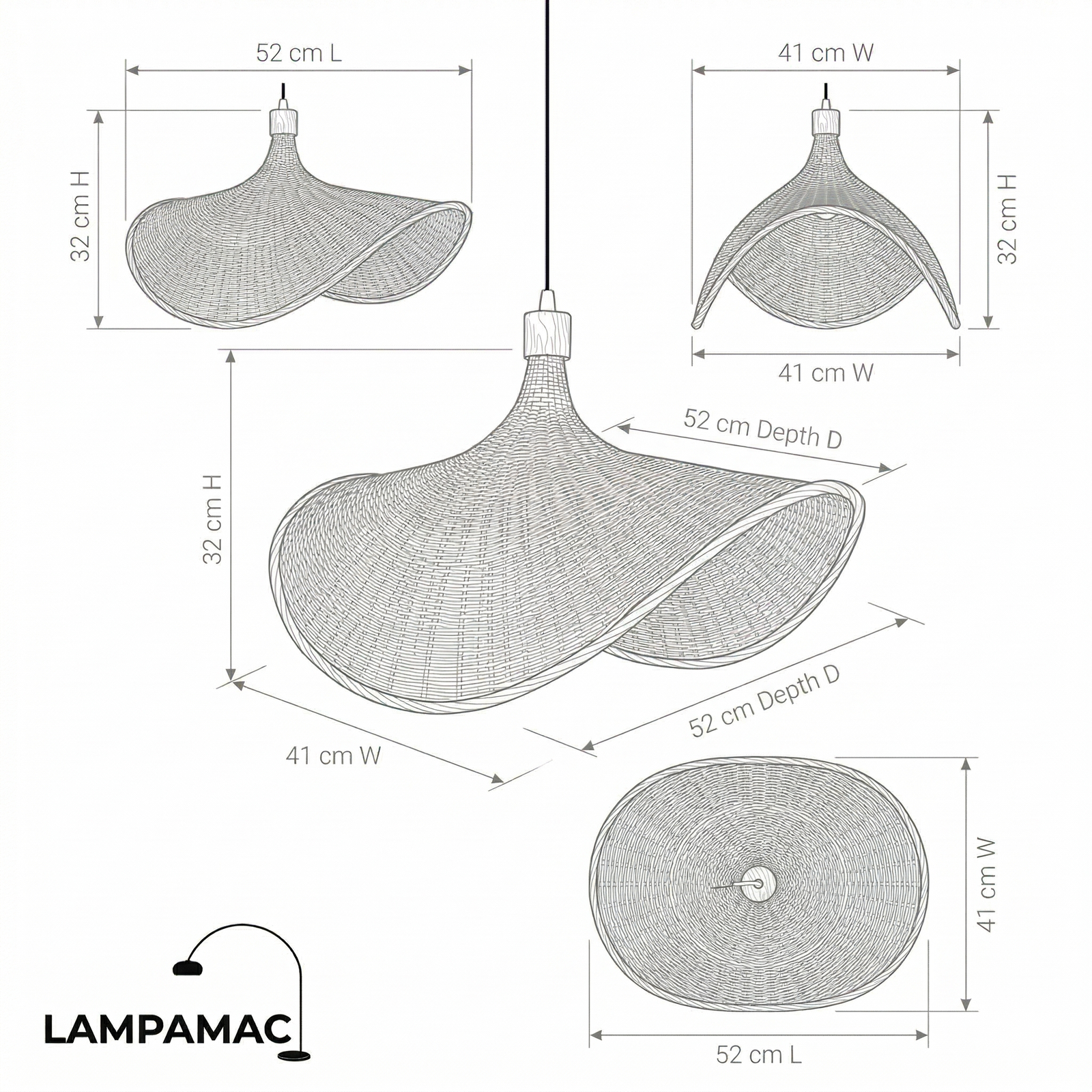 Diagrama técnico Colgante Aurenne — Mimbre moderno, luz interior escultórica (E27) — medidas y materiales