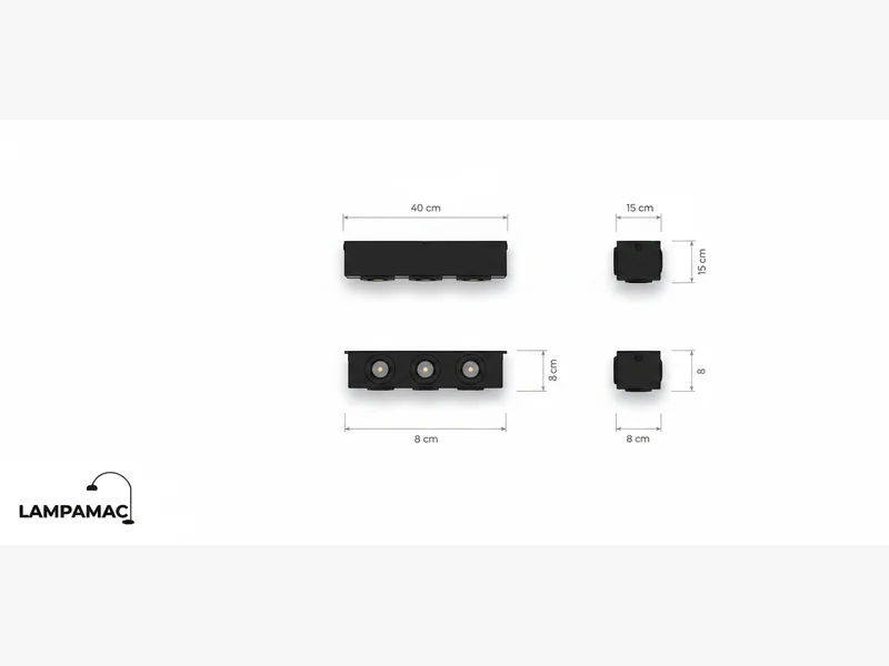 Diagrama técnico Plafón Cannaregio — Lineal metal negro GU10 — medidas y materiales