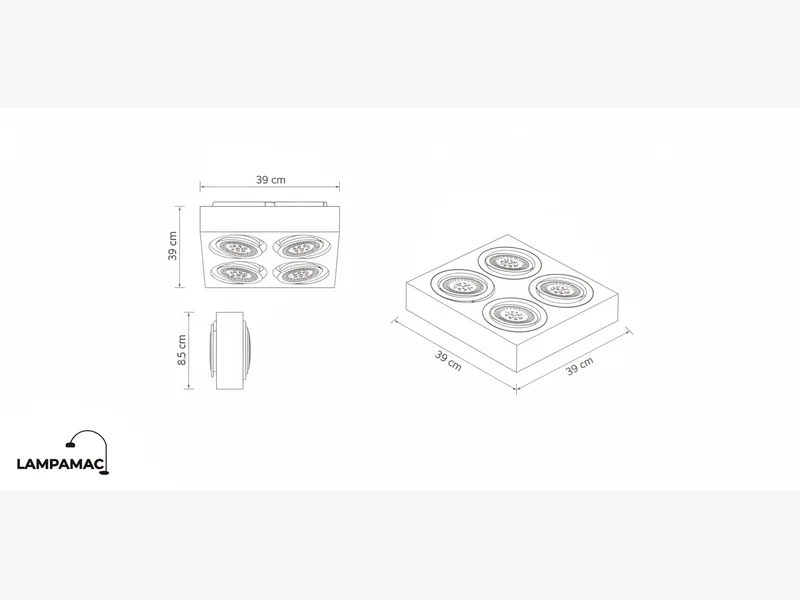 Diagrama técnico Plafón Flaminio — Minimalista metal GU10 — medidas y materiales