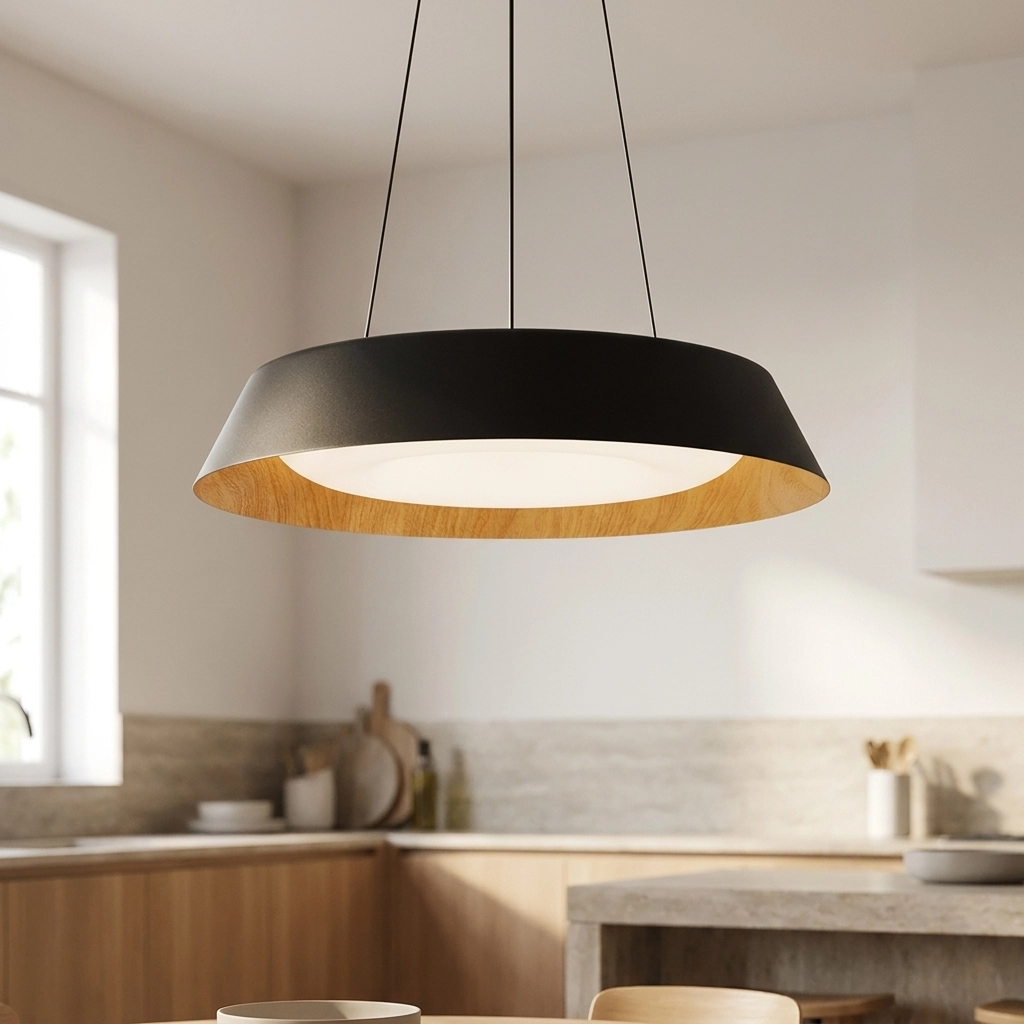 Colgante Lamparas de Techo - Colgante Estévra — Metal Negro, moderno símil madera (LED) foto de producto | Lampamac