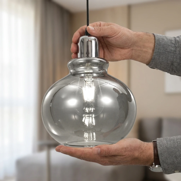Lámpara Colgante Champigny Retro en Vidrio Fumé Cromo 1 Luz (E27) — Instalado | Lampamac