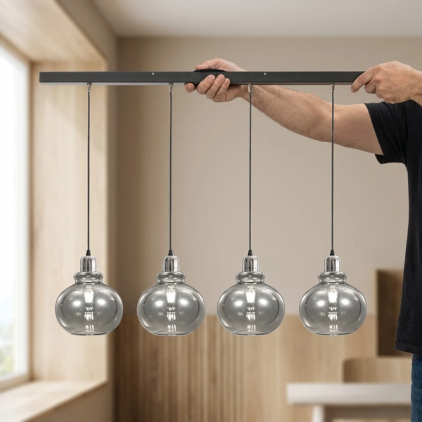 Lámpara Colgante Champigny Retro en Vidrio Fumé Cromo 4 Luces (E27) — Instalado | Lampamac