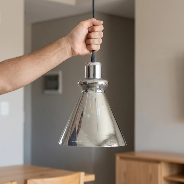 Lámpara Colgante Réthel Cónica Retro en Vidrio Fumé Cromo 1 Luz (E27) — Instalado | Lampamac