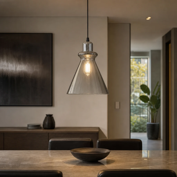 Lámpara Colgante Réthel Cónica Retro en Vidrio Fumé Cromo 1 Luz (E27) — Ambiente | Lampamac