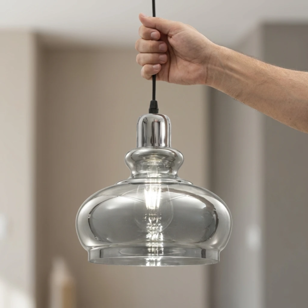 Lámpara Colgante Morteau Retro en Vidrio Fumé Cromo 1 Luz (E27) — Instalado | Lampamac