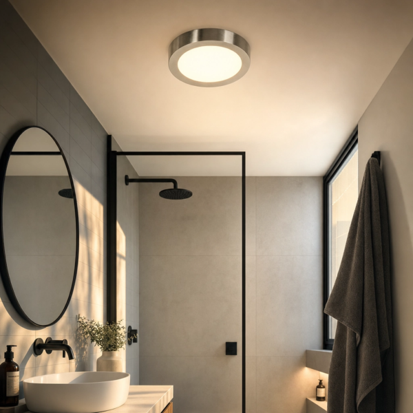 Adelfia | Plafón Metal Minimalista Sereno Redondo LED en baño moderno argentino