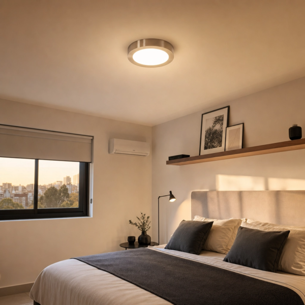 Adelfia | Plafón Metal Minimalista Sereno Redondo LED en dormitorio moderno argentino