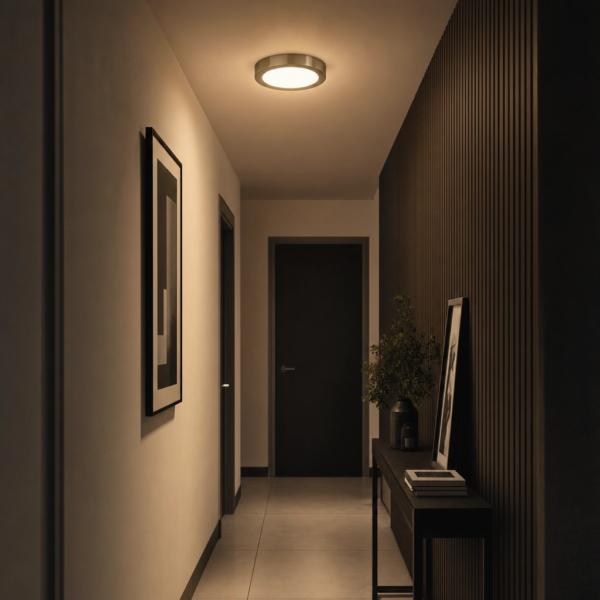 Adelfia | Plafón Metal Minimalista Sereno Redondo LED en pasillo moderno argentino