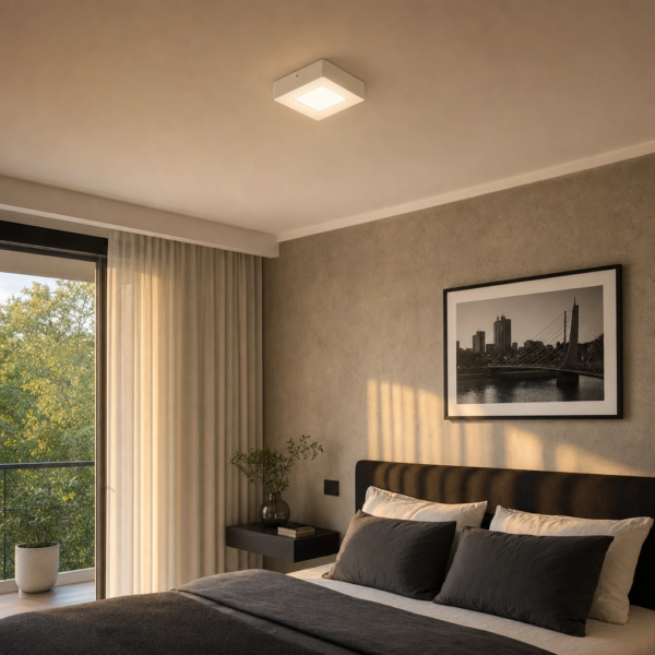 Altavilla | Plafón Metal Minimalista Sereno Cuadrado LED en dormitorio moderno argentino