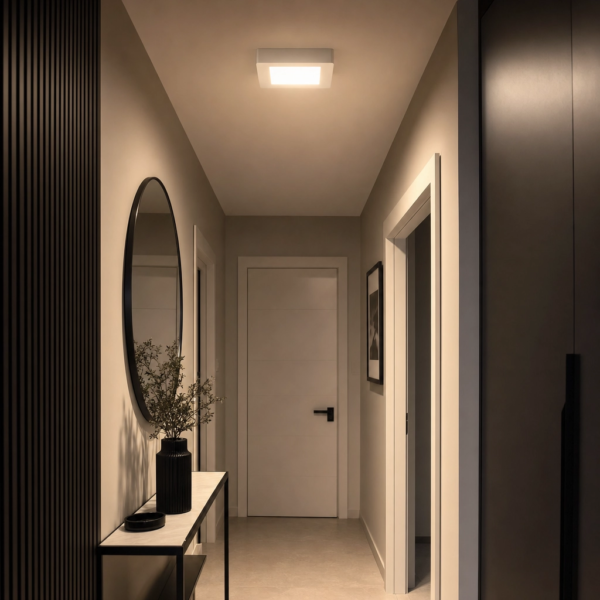 Altavilla | Plafón Metal Minimalista Sereno Cuadrado LED en pasillo moderno argentino