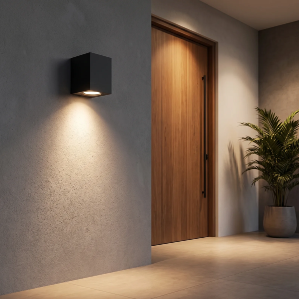 La misma entrada con el Bristéna encendido, luz cálida sobre la pared (después)