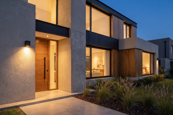Aplique Exterior Bristéna — Aluminio, moderno IP54 (GU10) iluminando la fachada de una casa moderna argentina de noche