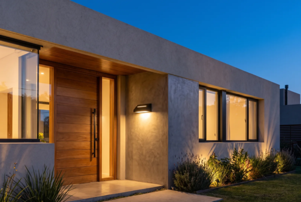 Aplique Ext. Castello — Difusor moderno hierro E27 iluminando la fachada de una casa moderna argentina de noche