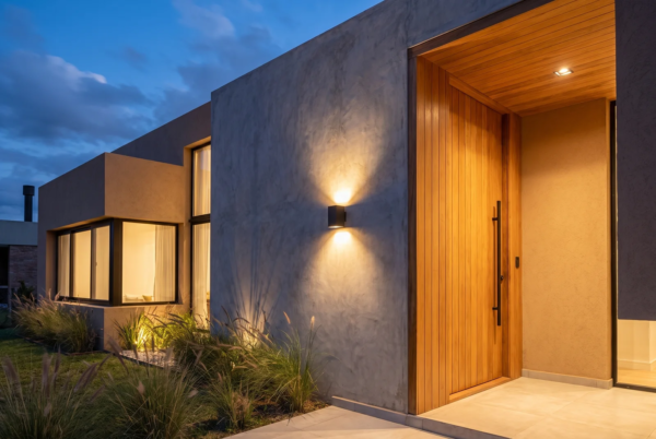 Aplique Ext. Chelsea — Cubo moderno aluminio negro GU10 iluminando la fachada de una casa moderna argentina de noche