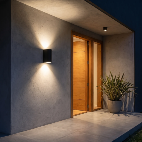 La misma entrada con el Djurgården encendido, luz cálida sobre la pared (después)