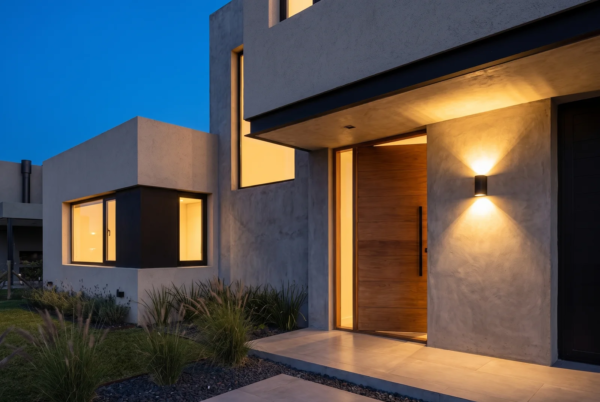 Aplique Ext. Djurgården — Bidireccional aluminio negro GU10 iluminando la fachada de una casa moderna argentina de noche