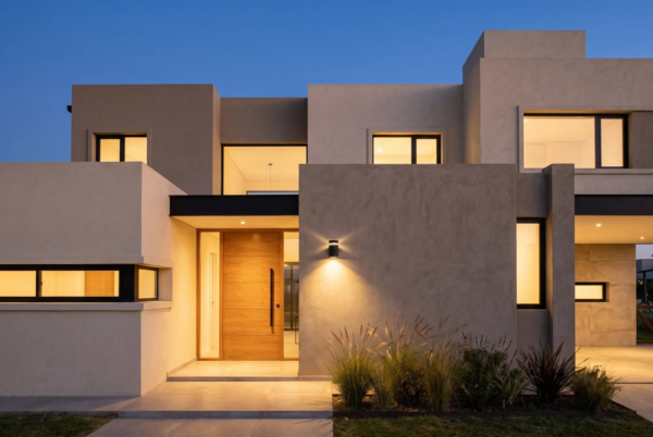 Aplique Ext. Pankow — Unidireccional cilíndrico aluminio negro iluminando la fachada de una casa moderna argentina de noche