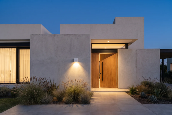 Aplique Ext. Sestri — Cubo moderno hierro blanco GU10 iluminando la fachada de una casa moderna argentina de noche