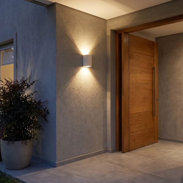La misma entrada con el Todi encendido, luz cálida sobre la pared (después)