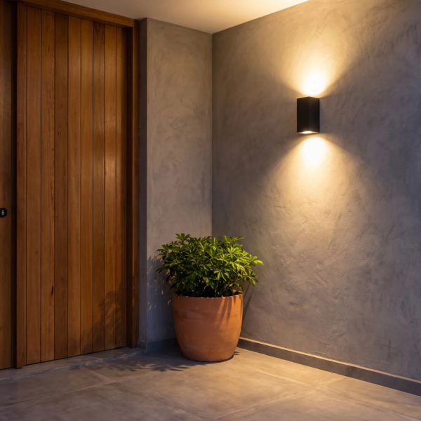 La misma entrada con el aplique Vasastan encendido proyectando luz cálida hacia arriba y abajo sobre la pared de microcemento (después)