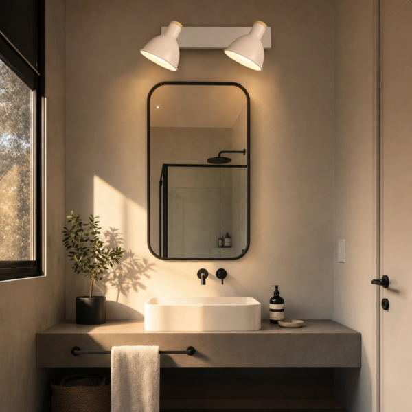 Cagnano | Aplique Metal Madera Nórdico Sereno Doble Campana E27 en baño moderno argentino