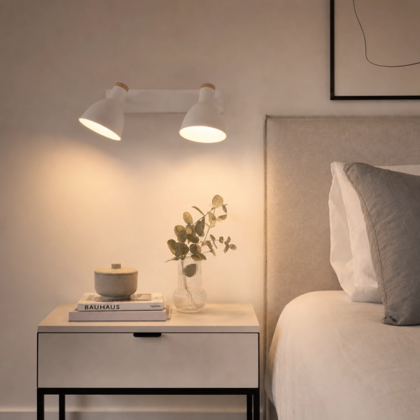 Cagnano | Aplique Metal Madera Nórdico Sereno Doble Campana E27 en dormitorio moderno argentino