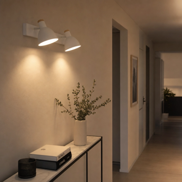 Cagnano | Aplique Metal Madera Nórdico Sereno Doble Campana E27 en pasillo moderno argentino