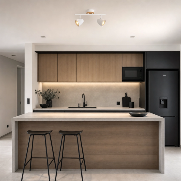 Riel Cascais — Doble orientable acero simil madera GU10 en cocina moderno argentino