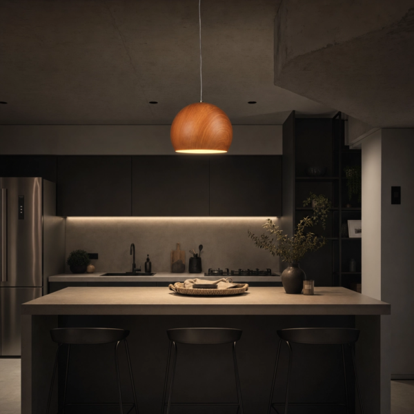 Apricena | Colgante Metal Madera Nórdico Cálido Esférico E27 en cocina moderno argentino