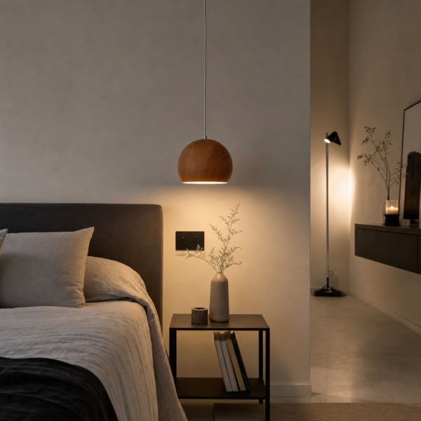 Apricena | Colgante Metal Madera Nórdico Cálido Esférico E27 en dormitorio moderno argentino
