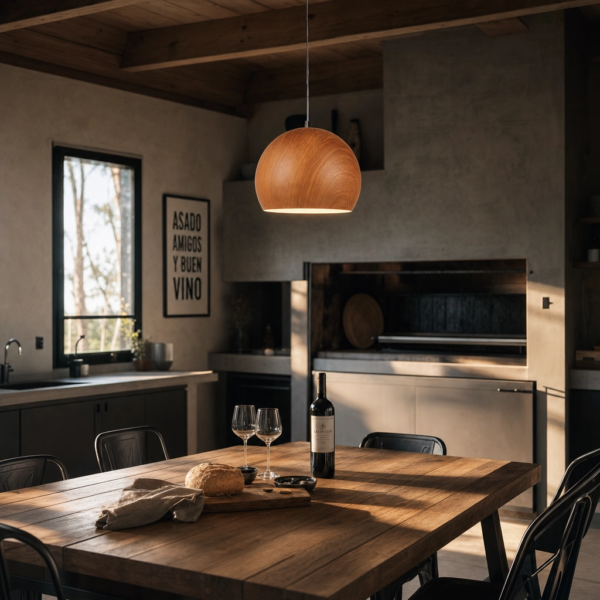 Apricena | Colgante Metal Madera Nórdico Cálido Esférico E27 en quincho moderno argentino