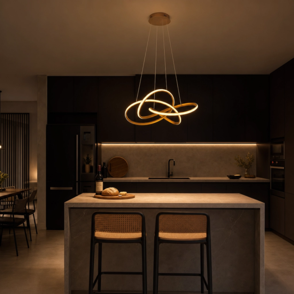 Bianco | Colgante Metal Moderno Sofisticado Escultural LED en cocina isla moderna argentina de noche