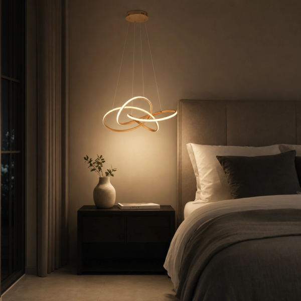 Bianco | Colgante Metal Moderno Sofisticado Escultural LED en dormitorio moderno argentino de noche