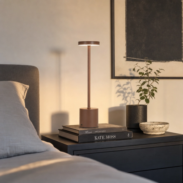 Bovino | Velador Metal Moderno Acogedor Recargable LED en dormitorio moderno argentino