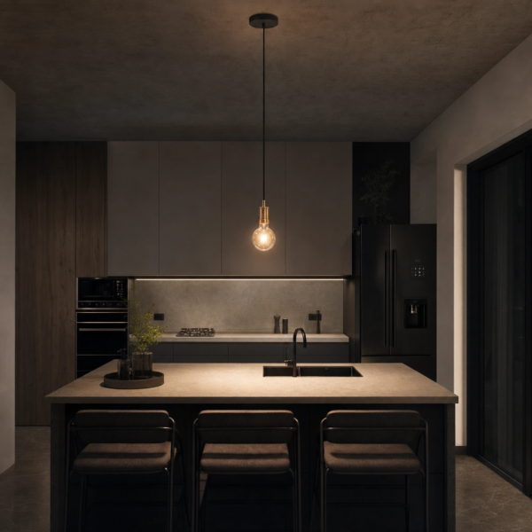 Caltanissetta | Colgante Metal Cobre Industrial Cálido Filamento E27 sobre isla de cocina argentina, ambiente cálido de noche