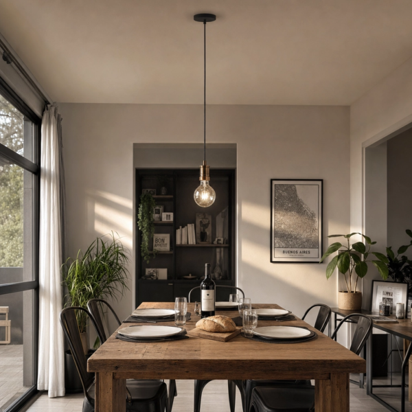Caltanissetta | Colgante Metal Cobre Industrial Cálido Filamento E27 colgando sobre mesa de comedor moderno argentino en hora dorada