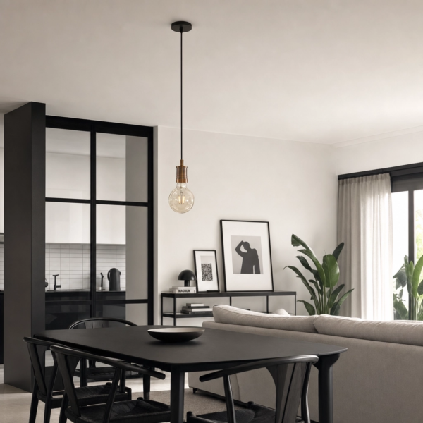 Caltanissetta | Colgante Metal Cobre Industrial Cálido Filamento E27 en living comedor integrado estilo Palermo con luz natural