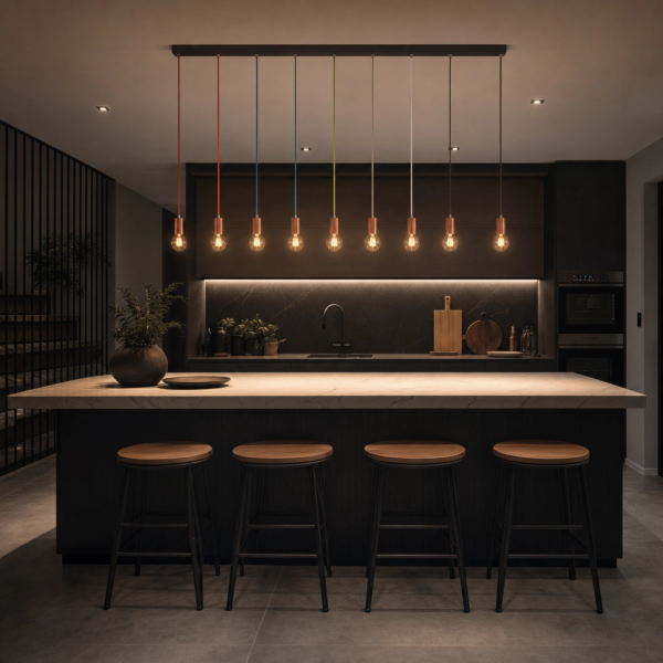 Canicattì | Colgante Metal Cobre Industrial Cálido Tubo E27 sobre isla de cocina argentina, ambiente cálido de noche