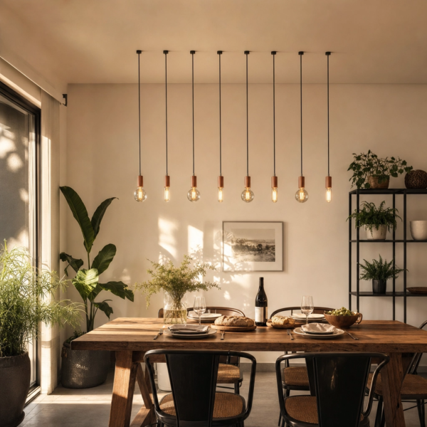 Canicattì | Colgante Metal Cobre Industrial Cálido Tubo E27 colgando sobre mesa de comedor moderno argentino en hora dorada