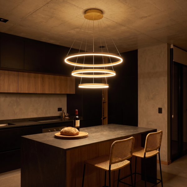 Casola | Colgante Metal Contemporáneo Sofisticado Triple Anillo LED en cocina isla moderna argentina de noche