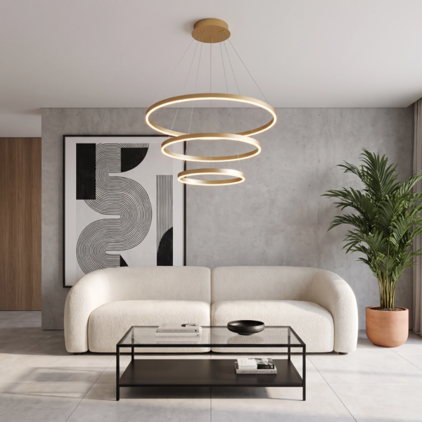 Casola | Colgante Metal Contemporáneo Sofisticado Triple Anillo LED en living moderno argentino con luz de día
