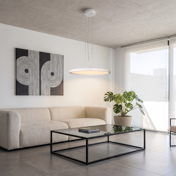 Castrovillari | Colgante Acrílico Moderno Sereno Disco LED en living moderno argentino con luz de día
