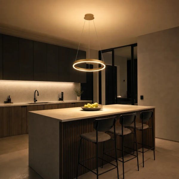 Colgante de anillo dorado LED Custonaci encendido sobre una isla de cocina de noche, con luz cálida 3000K