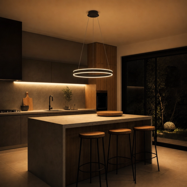 Lampara colgante anillo LED negra sobre isla de cocina moderna
