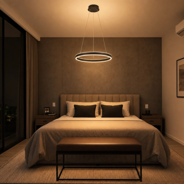 Lampara colgante anillo LED negra en dormitorio moderno